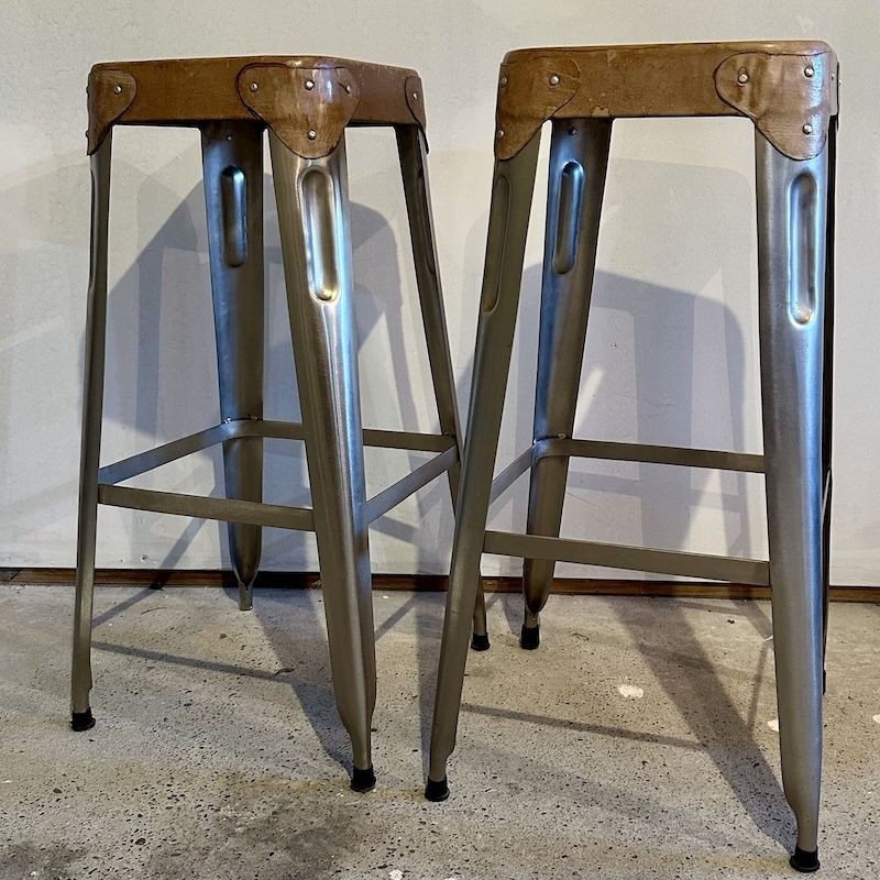 ***New In***Superb Pair of Vintage Steel and Leather Seated Industrial Stools.